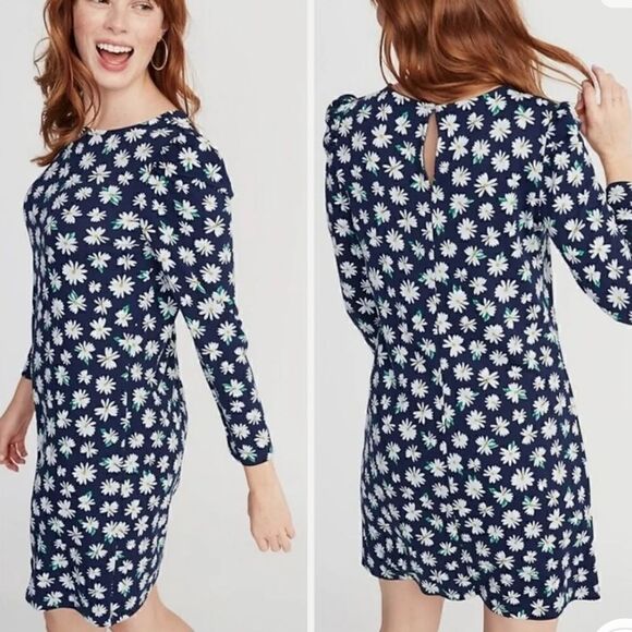 NWT Old Navy Floral Daisy Printed Knit Round Neck Long Sleeve Shift Dress - Picture 1 of 6
